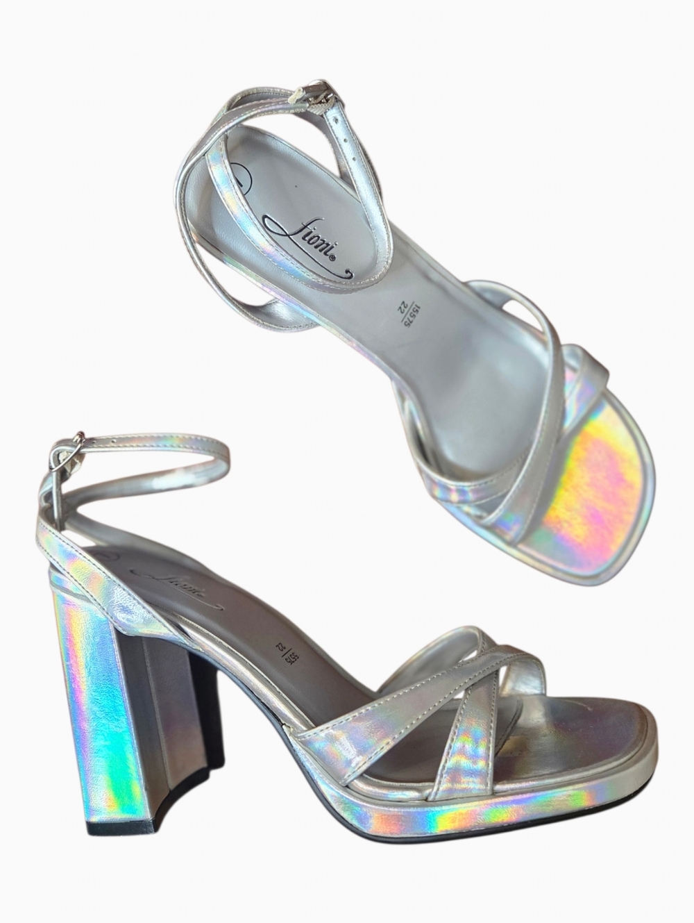 Fioni Silver Holographic Iridescent Platform Sandals Block Heel 7